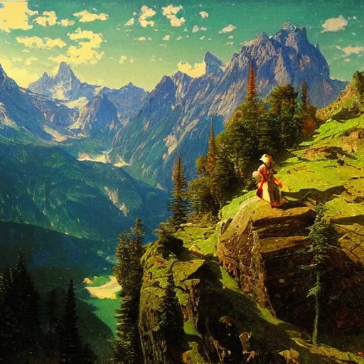 Image similar to wonderful alpine mountain valley, swiss, astral appearance, cinematic light, sublime, colorful, light shafts, dramatic light, by august malmstrom, russian painters, mucha, disney, global illumination, rule of thirds, perfect central composition.