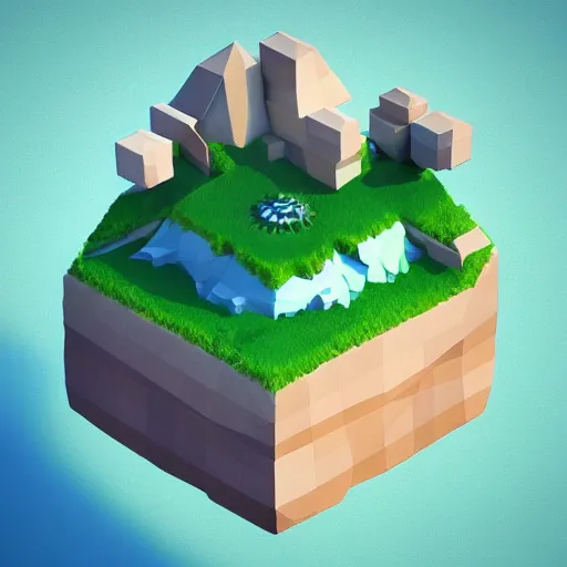 Prompt: a floating island isometric art, low poly art, game art, artstation, 3D render, cgsociety