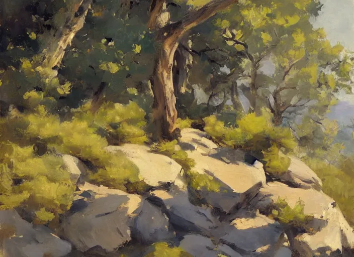 Image similar to some trees and rocks by ilya ostroukhov and gregory manchess, deviantart, figurative art, oil on canvas, impressionism, painterly