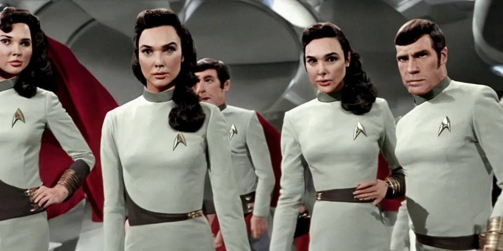 Image similar to a scene from Trouble with Tribbles, an episode of the original Star Trek series, with Gal Gadot, in Starfleet uniform, in the role of Captain Kirk