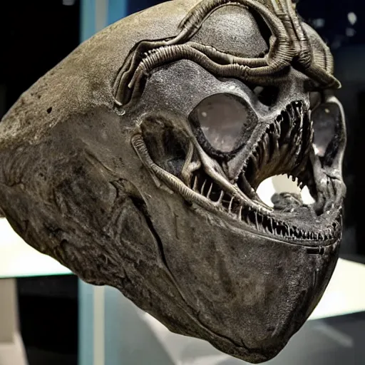 Prompt: alien fossil from another planet on display at a museum