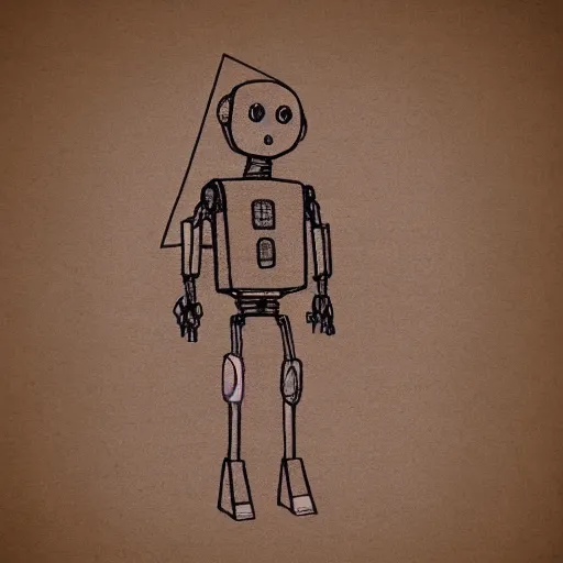 Image similar to pencil sketch of a skinny outdated awkward robot with joints that creak and a triangular head with 2 antenna