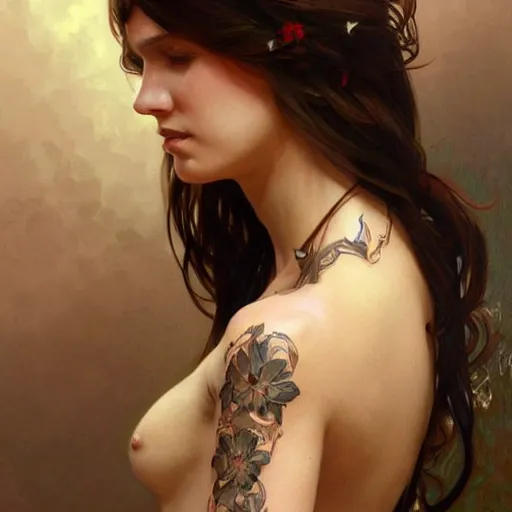 Image similar to ultra realistic illustration, a hot brunette tattooed slavic woman in her late 2 0's, intricate, elegant, highly detailed, digital painting, artstation, concept art, smooth, sharp focus, illustration, art by artgerm and greg rutkowski and alphonse mucha