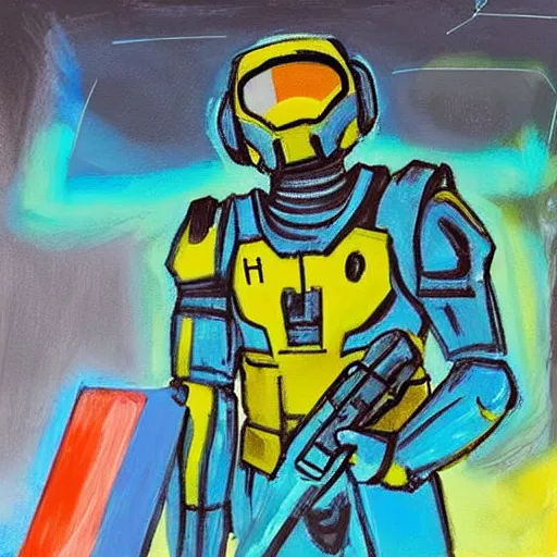 Prompt: “an abstract illustration of Master Chief from Halo holding a paint palette and paint brush, in front of a class of attentively listening alien-students. By Picasso, Trending on artstation”