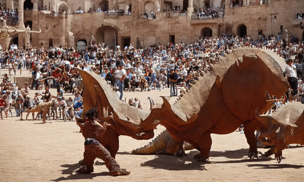 Image similar to a troubadour facing off against a horned dinosaur in the plaza de toros, madrid. long shot, midday sun, kodachrome