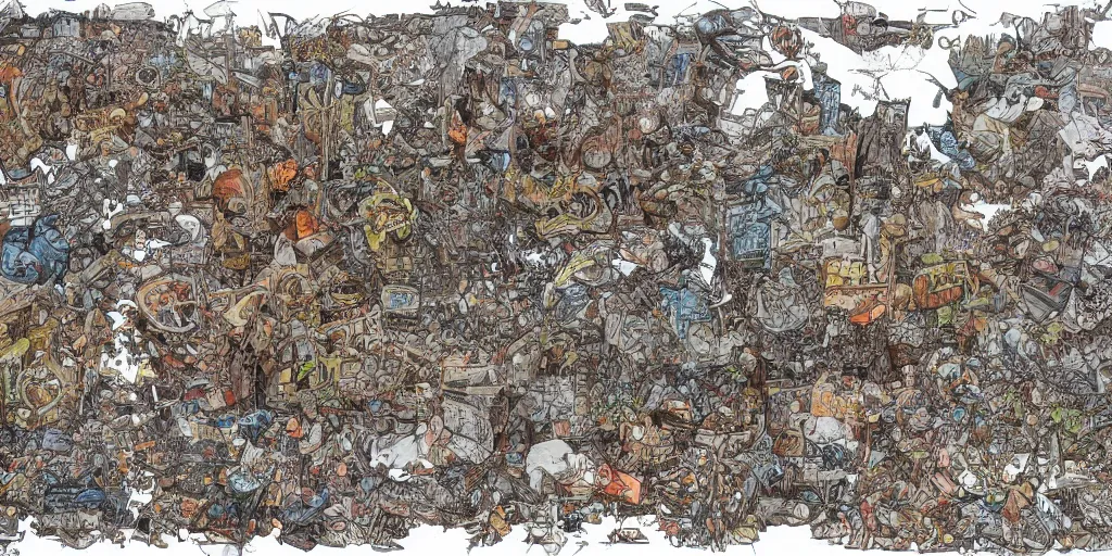 Image similar to escher style pattern of three point perspective, 3 6 0 panorama colorful kim jung gi characters with the texture of old rust and trash