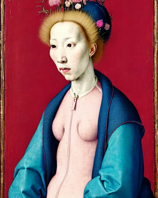 Prompt: portrait of a woman with pink hair buns, wearing a blue puffer jacket and baggy jeans, standing in a room full of plants and flowers, white background, intricate details, high detail, in the style of rogier van der weyden and jacopo da pontormo, punk, asian art,