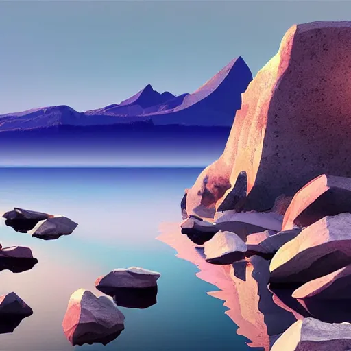 Image similar to super detailed color lowpoly art, northern sunset with rocks on front, monochrome photorealistic bay in the middle of perspective and mountains at background, big graphic seiner ship, unreal engine, high contrast color palette, 3 d render, lowpoly, colorful, digital art, perspective, full volume composition, robb cobb, syd mead