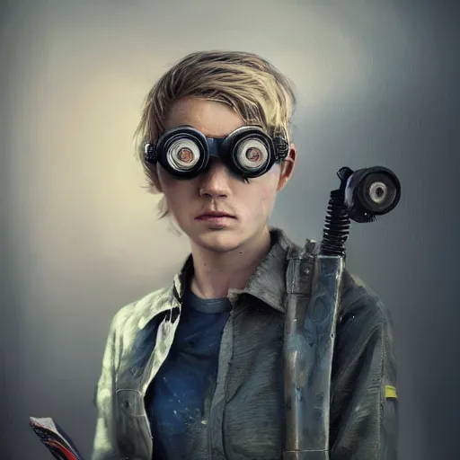 Prompt: rough and moody, colorful, highly detailed painting, science fiction, isolated awkward brilliant female blond teenage tomboy girl with short hair, wearing victorian goggles, in industrial workshop, reading engineering book, octane render, artstation, michael whelan, ron cobb, digital illustration