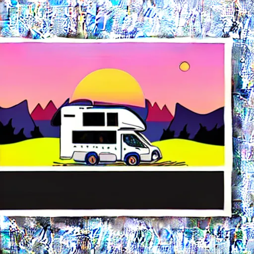 Image similar to white and black cute thor chateau motorhome camper, highway, mountains and sunset!!, everything enclosed in a circle, happy, professional colorful etching illustration, logo