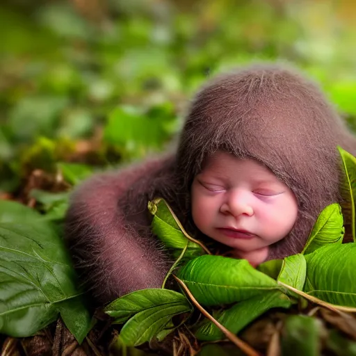 Image similar to award winning hyper realistic photograph of a baby sasquatch portrait hiding in the leaves peering out timidly with with large cute eyes