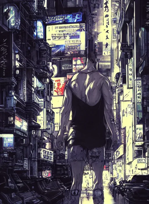 Prompt: manga cover, white man in a white tanktop and jeans, intricate cyberpunk city, emotional lighting, character illustration by tatsuki fujimoto