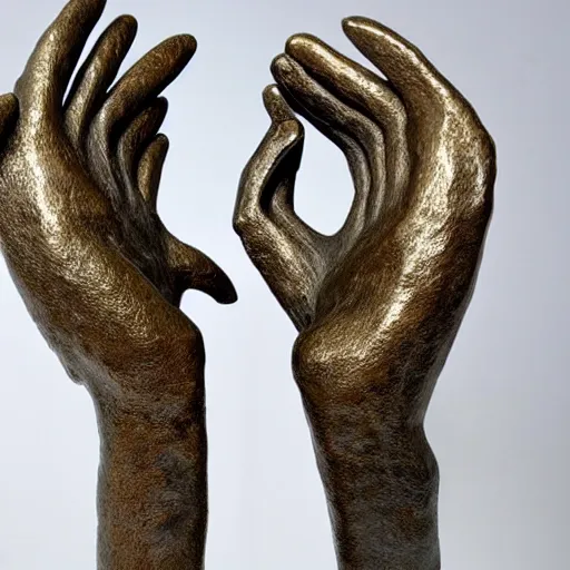 Prompt: a giant cluttered pile of oversized hands standalone bronze sculpture