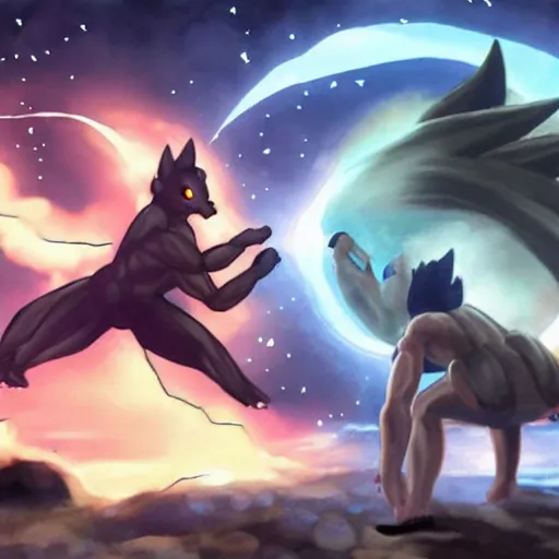 Prompt: umbreon fighting a 6'5 greek god, realistic, high detail,