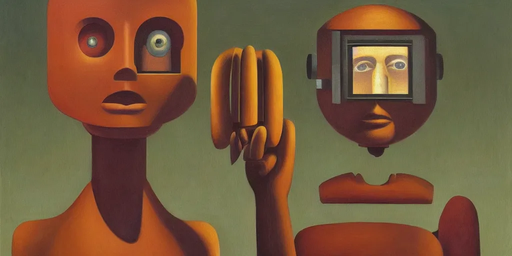 Image similar to super - intelligent robot with kind eyes portrait, grant wood, pj crook, edward hopper, oil on canvas