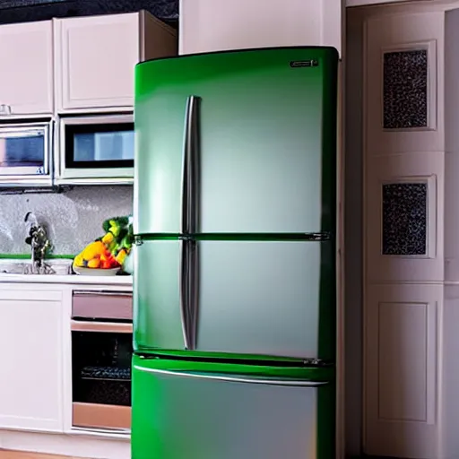 Prompt: green refrigerator floating