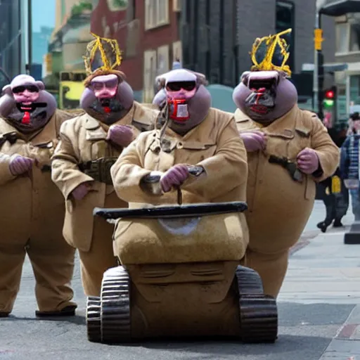 Image similar to fat soldiers, USA war street performers, Wall-E movie