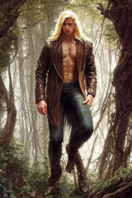 Prompt: portrait of a blonde herculian man in a leather - jacket, flowing hair, forest, full body, muscular, fantasy, intricate, elegant, highly detailed, digital painting, artstation, concept art, sharp focus, illustration, art by artgerm and greg rutkowski and alphonse mucha