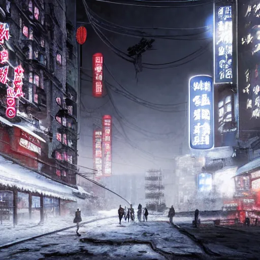 Image similar to a matte painting about a dystopian, dystopian chinese city, covered in snow. hardcopy ( live ) httpa matte painting about a misty, cyberpunk, rutless rock landing, coming true to life in post - apocalyptic