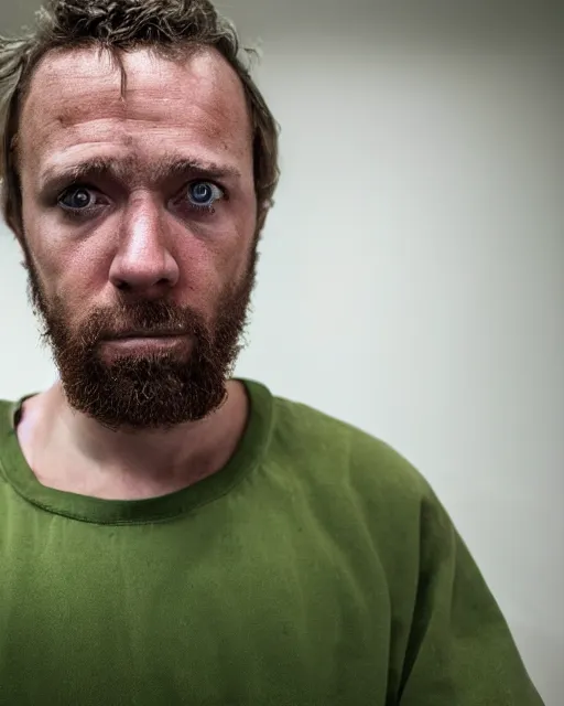 Image similar to closeup prison mugshot of shaggy, dramatic lighting, dirty green clothes, neck shackle, low saturation, somber expression, beardless, smooth face, soft vignette, soft focus, 5 0 mm, 4 k, scooby doo screenshot, photograph by annie leibovitz