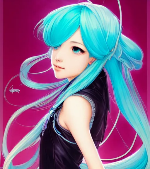 Image similar to portrait of disney hatsune miku!!, intricate, elegant, highly detailed, digital painting, artstation, concept art, smooth, sharp focus, illustration, art by artgerm and greg rutkowski and alphonse mucha and uang guangjian and gil elvgren and sachin teng and wlop, symmetry!!