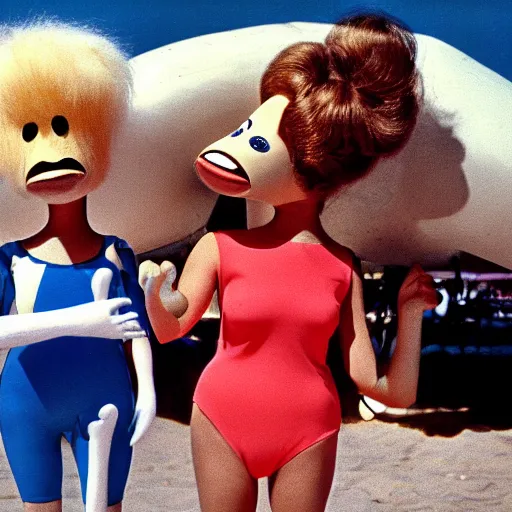 Prompt: 1969 twin women on tv show wearing an inflatable mask long prosthetic snout nose with googly eyes, soft color wearing a swimsuit at the beach 1969 color film 16mm holding a hand puppet Fellini John Waters Russ Meyer Doris Wishman old photo