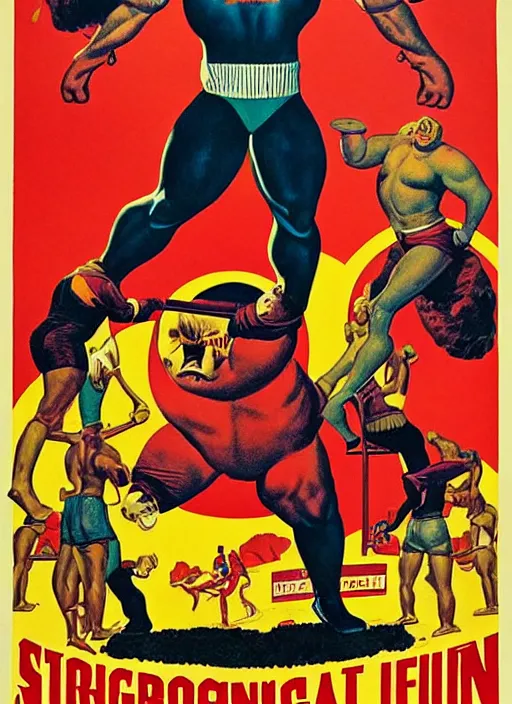 Prompt: poster for circus strongman. portrait by clyde caldwell and jean giraud and anton otto fischer and john philip falter and will eisner and gil elvgren