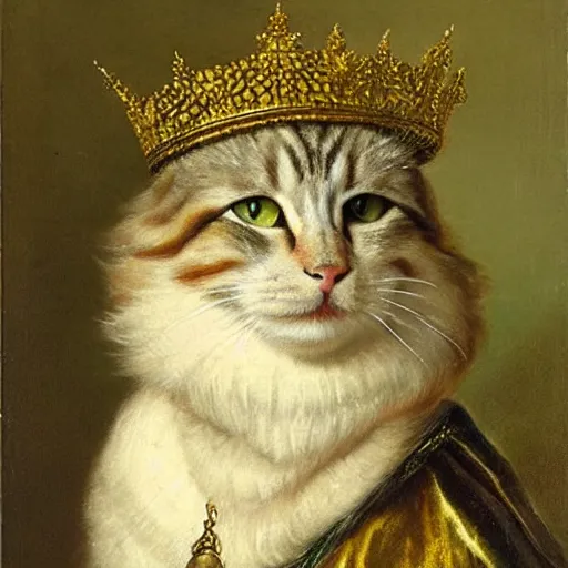 Prompt: a fluffy tabby cat with green eyes wearing aristocratic robes and a golden necklace and a crown in the style of Rembrandt