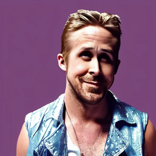 Image similar to Ryan Gosling with silver-violet hair, white eyes inflated press and denim glittery vest, wide lens, diorama, 4k,