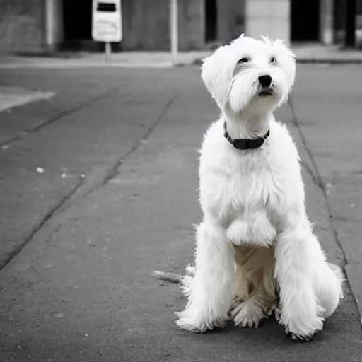 Image similar to photo of a white schnauzer dog with open feathered wings on his back sitting on the street of an abandoned dystopic city, hyprrealism, 5 5 mm photo