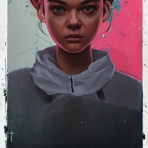 Prompt: Elle Fanning in District 9 picture by Sachin Teng, asymmetrical, dark vibes, Realistic Painting , Organic painting, Matte Painting, geometric shapes, hard edges, graffiti, street art:2 by Sachin Teng:4