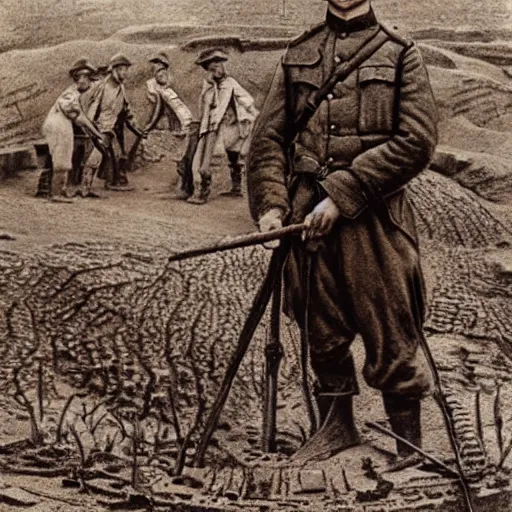 Image similar to ultra detailed photorealistic sepia - toned photograph from 1 9 1 7, a british officer in field gear standing at an archaeological dig site near petra jordan, ultra realistic, painted, intricate details, lovecraft, atmospheric, dark, horror, brooding, highly detailed, by angus mcbride