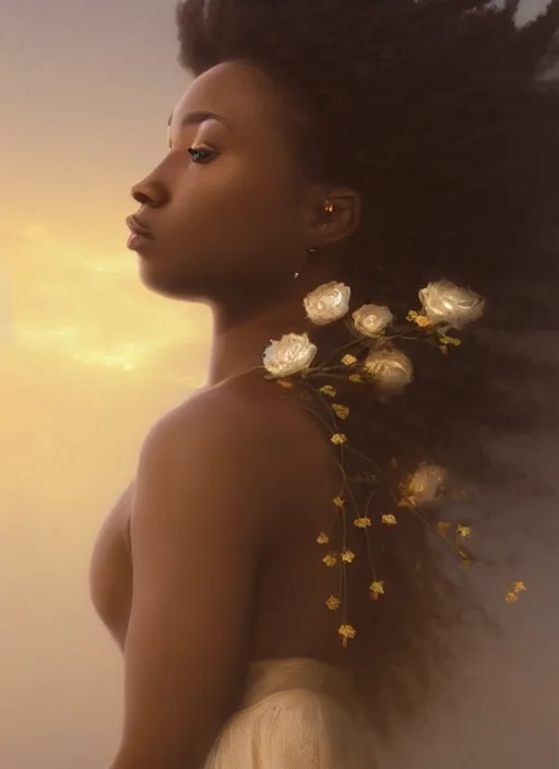 Image similar to oil painting close up portrait of a contemplative young black woman with long flowing hair in a dress made of nebular stardust galaxies, with white roses at sunset, hazy, digital art, chiaroscuro, artstation, cinematic, golden hour, concept art, digital art painting by greg rutkowski, william - adolphe bouguereau, hazy atmosphere, cinematic lighting