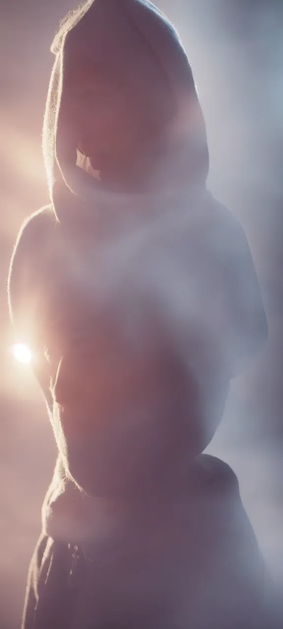 Image similar to very very beautiful photograph of emily skinner looking like annie leonhart in a hoodie standing next to a window god rays shining on her from the sunlight, volumetric fog, smoke, depth of field, beautiful composition, very very very beautifull face, on artstation and instagram, ray tracing