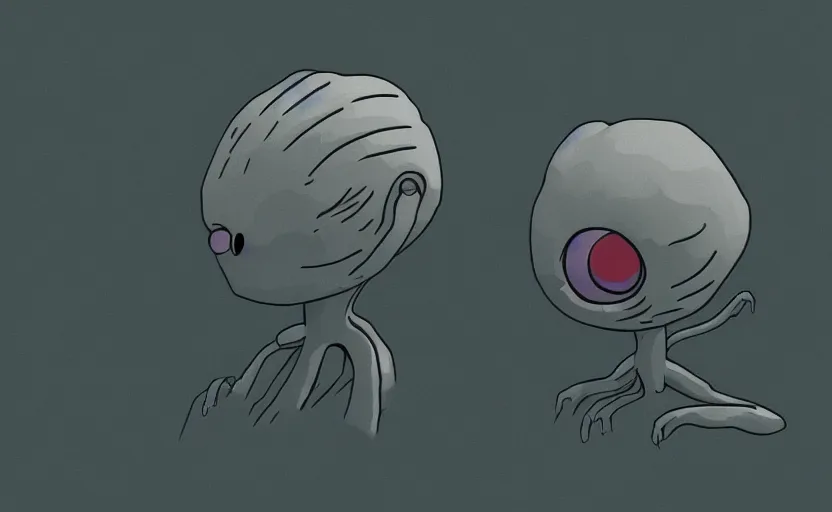 Image similar to cell - shaded cartoon of a miniature alien creature. 1 9 7 0 s science fiction, moody, misty, depth perception, 4 k, artstation, in the style of studio ghibli