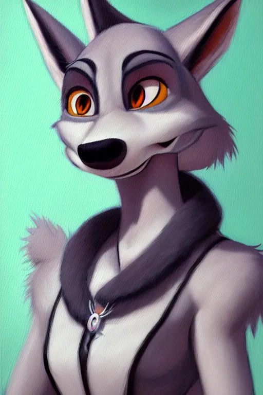 Image similar to oil painting of anthromorphic female wolf, in style of zootopia, female fursona, furry, furaffinity, 4 k, deviantart, furry art, fursona art, wearing black business suit, business suit, wolf fursona, female, smug expression,