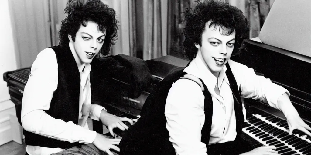 Image similar to 80s photo of Young Tim Curry laying seductively on a piano
