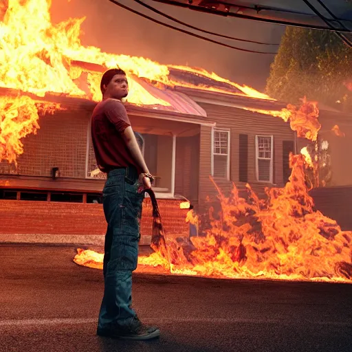 Prompt: marshall standing next to his fire truck holding a water hose in his hands to extinguish the high flames of the burning house in front of him, movie poster, 8 k, trending on artstation, octane render, volumetric smoke and shadows