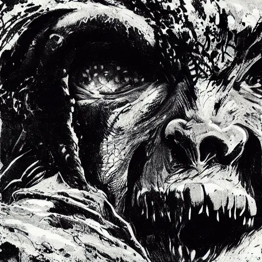 Prompt: extreme close up portrait of an ogre troll berserker inside a cave kvlt by peder balke by peder balke by greg rutkowski, by guido crepax by norman bluhm mystic high contrast monochromatic noir