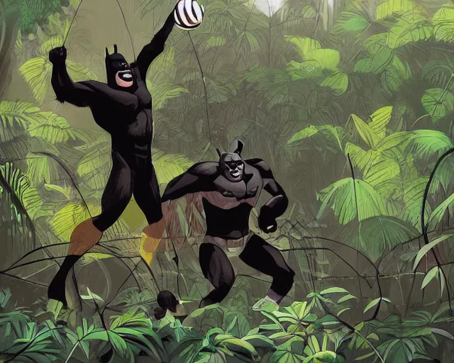 Image similar to gorilla and batman playing volleyball in a jungle with a volleyball, volleyball net, digital illustration, inspired by greg rutkowski and artgerm, high detail