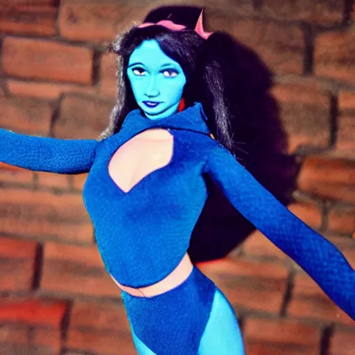 Image similar to blue-skinned elf girl, blue girl, blue skin, blue, glam hair, 80s hair, 80s clothes