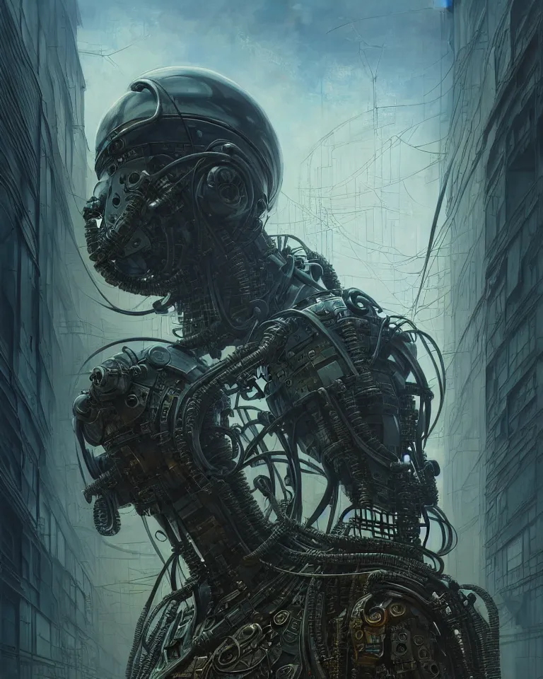 Image similar to low angle shot of a cyberpunk robot character in chernobyl, intricate, elegant, highly detailed, centered, digital painting, artstation, concept art, smooth, sharp focus, illustration, artgerm, tomasz alen kopera, peter mohrbacher, donato giancola, joseph christian leyendecker, wlop, boris vallejo