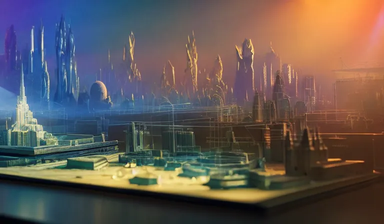 Image similar to crowd of people in large open museum, looking at hologram of futuristic city on a table, cinematic concept art, godrays, golden hour, natural sunlight, 4 k, clear details, tabletop model buildings, center model buildings, hologram center, crane shot, wide shot, high shot