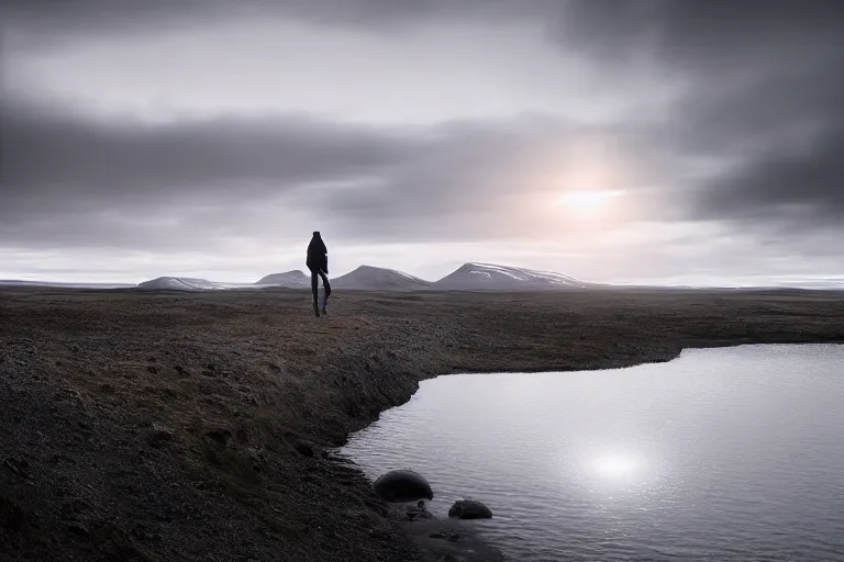 Prompt: a cinematic wide angle photograph of a traveller walking through a vast serene icelandic landscape, beautiful lighting, high depth, ultra realistic, artistic, by michal karcz and john harris