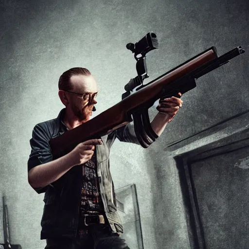 Image similar to simon pegg with winchester - rifle portrait, horror core, apocalyptic, sharp focus, fiction, hyper detailed, digital art, trending in artstation, cinematic lighting, studio quality, smooth render, unreal engine 5 rendered, octane rendered, art style and nixeu and wlop and krenz cushart