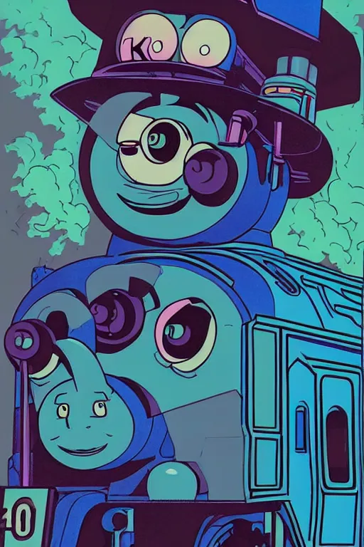 Image similar to concept art painting of a demonic thomas the tank engine, artgerm, moebius, inio asano, toon shading, cel shading, calm, tranquil, vaporwave colors,