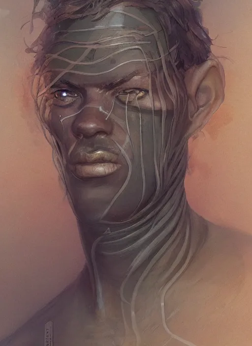 Prompt: a portrait of a male character, vertical snake nostrils against skin, in a scenic environment by Ross Tran and by Jesper Ejsing and by Mikalojus Konstantinas Ciurlionis