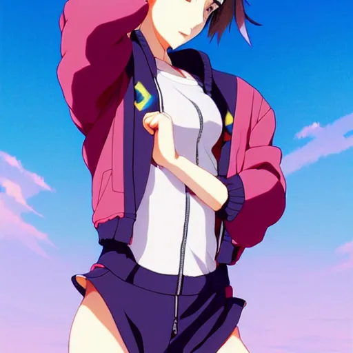 Image similar to a beautiful natalie portman as an anime boy gravure model, wearing oversized mayan bomber jacket and leotard with overalls, bulky poofy bomber jacket with mayan patterns, aztec street fashion, gapmoe yandere grimdark, trending on pixiv fanbox, painted by greg rutkowski makoto shinkai takashi takeuchi studio ghibli, akihiko yoshida