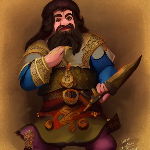 Image similar to dwarven male bard in a tavern, d & d style, trending on artstation, colorful, intricate, art by kev chan