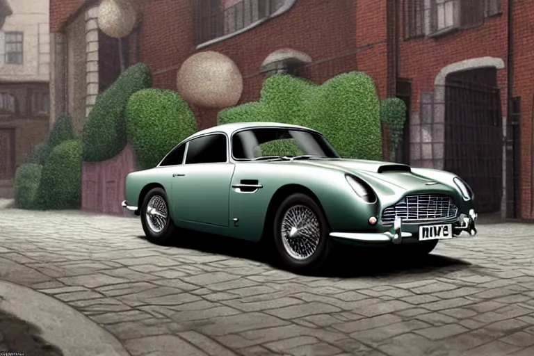 Image similar to a wholesome animation key shot of one focused short shrunk aston martin db 5, in a rich london mews residential street, waist height, medium range, studio ghibli, ( pixar ) and disney animation, sharp, very detailed, unreal engine 5 render, bloom, high resolution, anime key art by greg rutkowski